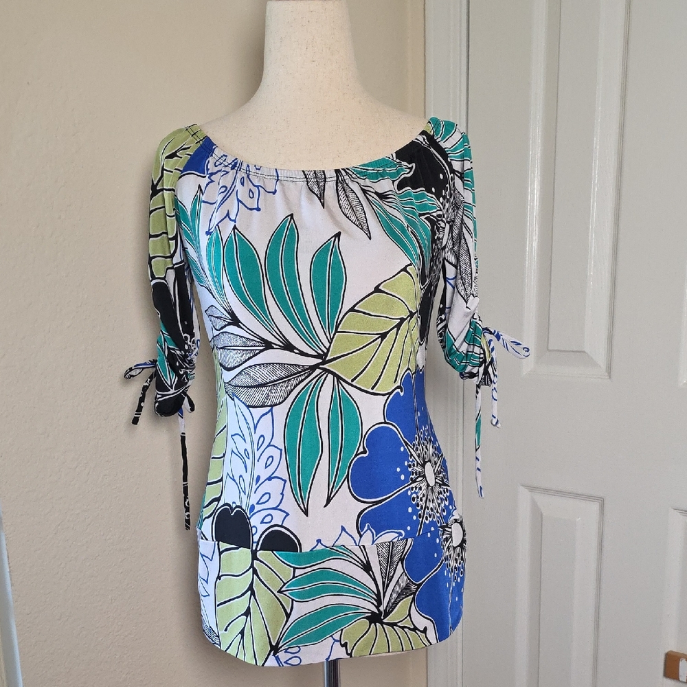 Y2k Rampage Floral Off Shoulder Top with Ruched Sleeves and Banded Hem